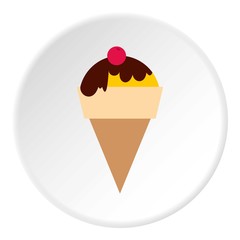 Ice cream in a waffle cone with chocolate and cherry icon. Flat illustration of ice cream in a waffle cone vector icon for web