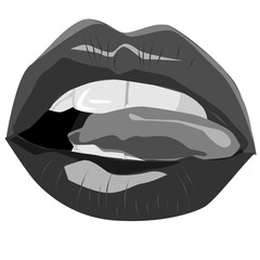Black and white sexy lips. Vector illustration. Open mouth with tongue