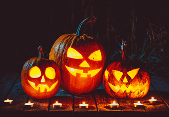 Halloween Pumpkins head jack lantern on the old boards in a spooky night landscape. Soft focus. shallow DOF