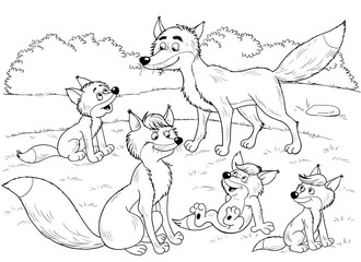 At the zoo. A family of cute foxes. Mother fox, father fox and their babies.Illustration for children. Coloring book. Coloring page. Funny cartoon characters.
