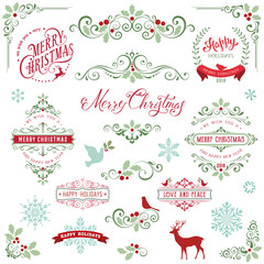 Ornate Christmas frames and swirl elements with Merry Christmas quotes, snowflakes, dove and bird.