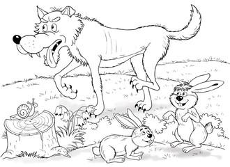 At the zoo. Cute forest animals. Cute woodland animals. A wolf and cute hares. Illustration for children. Coloring book. Coloring page. Funny cartoon characters.