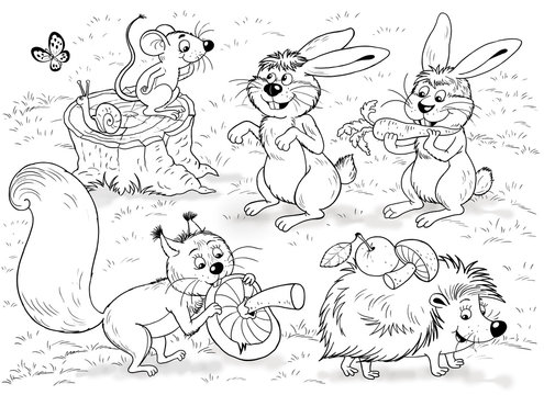 At the zoo. Little cute forest animals. Woodland animals. Cute mouse, squirrel, hares, snail and hedgehog. Illustration for children. Coloring book. Coloring page. Funny cartoon characters.