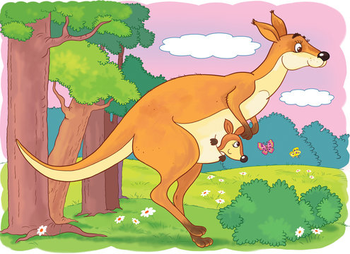 At the zoo. A cute mother kangaroo and her cute baby. Illustration for children. Coloring book. Coloring page. Funny cartoon characters.