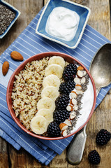 Greek yogurt almond banana Chia seeds Quinoa blackberry breakfas
