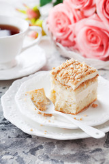 Gluten free almond and buttercream cake, selective focus