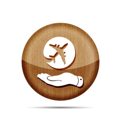 wooden flat hand showing airplane icon on a white background