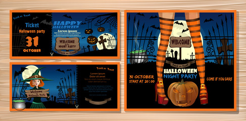 Halloween night party invitation set with young cute girl in a witch costume and magic hat, moon, bats, cemetery, jack-o'-lantern. Vector illustration