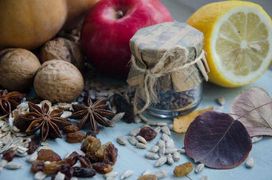 Autumn decorations. Star anise dried fruit and bottle - Powered by Adobe