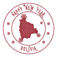 Retro Happy New Year Bolivia Stamp. Stylised rubber stamp with county map and Happy New Year text, vector illustration.