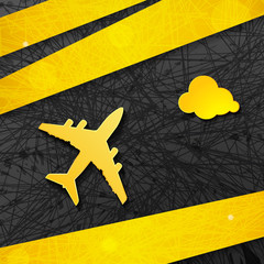 yellow airplane with cloud on the dark striped background