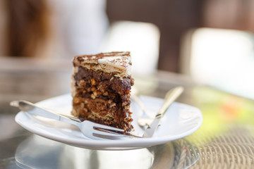 Piece of chocolate cake on plate