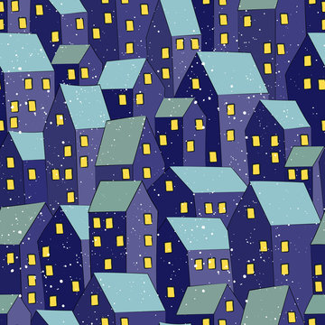 Seamless vector pattern. Winter night city in the snow. Houses can be used to make wrapping paper, background and scenery greeting cards.