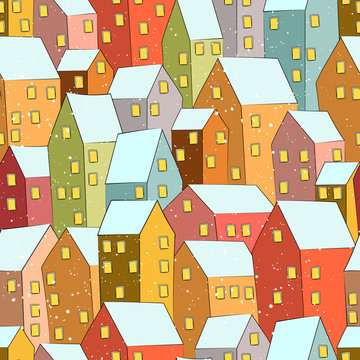 Seamless vector pattern. Winter city a day in the snow. Houses can be used to make wrapping paper, background and scenery greeting cards.