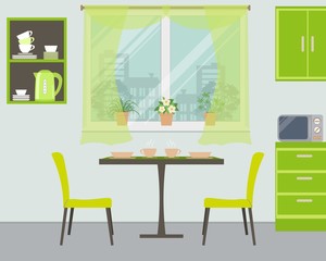 Modern kitchen in green color. There is a table, two chairs, shelves, a window with flowers and other objects in the picture. Vector illustration