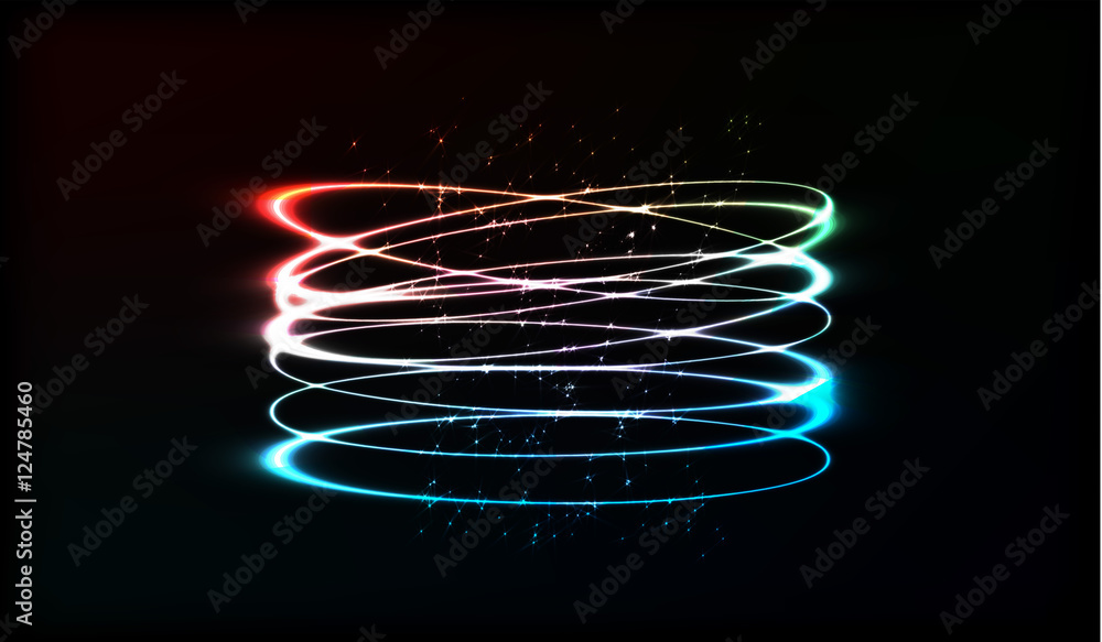 Poster neon blurry circles at motion . vector swirl trail effect . abstract luminous rings slow shutter spe