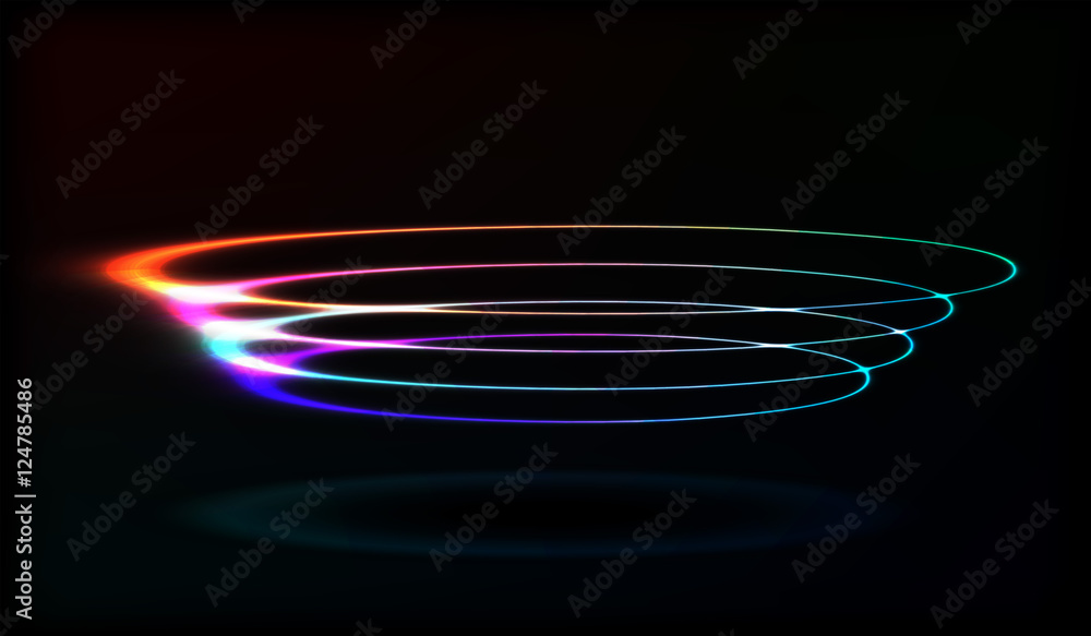 Poster neon blurry circles at motion . vector swirl trail effect . abstract luminous rings slow shutter spe