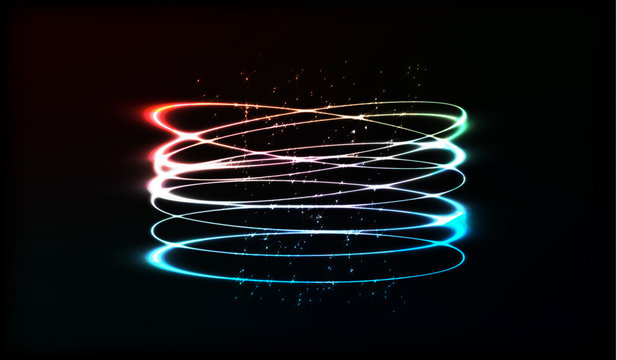 Neon blurry circles at motion . Vector swirl trail effect . Abstract luminous rings slow shutter speed effect . Light painting . Bokeh glitter round shapes . Abstract lights at motion exposure time