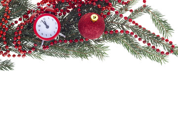 Christmas Border - clock, bauble decor and snow fir tree. Isolated on white