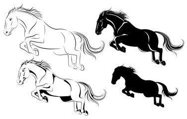 Vector illustration of jumping horse black and white