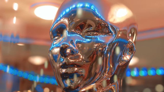 Silver color, mirror surfaces of face humanoid ( human ) reflects lights and rays of light from the surrounding space. Liquid metal face