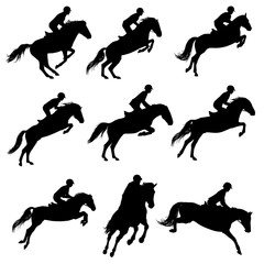 Set of a jumping horse with rider silhouettes