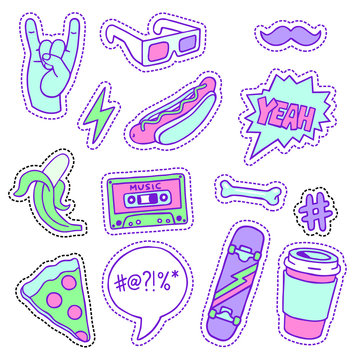 Set of neon colormascuine sketchy patches and pins.