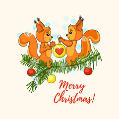 Christmas cute card with squirrel and christmas tree. 