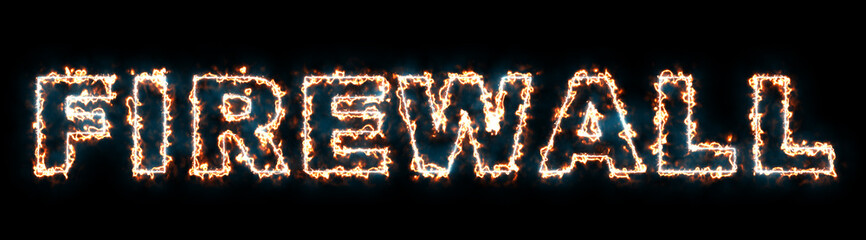 Firewall text from burning letters in hot fire on black background