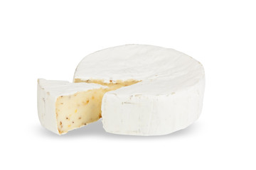 Fresh brie cheese with white mold on a white background