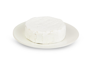Fresh brie cheese with white mold on a white background