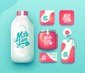 Set of milk and jam bottle, business card , label and badges