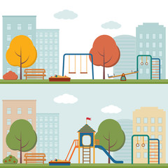 Children's playground with swings, a slide, a sandpit. Vector illustration 
