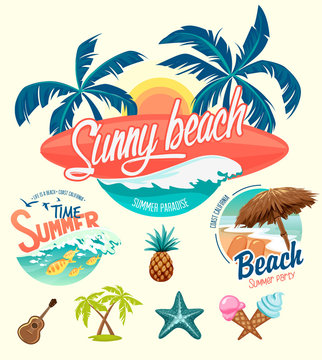 Set of Summer surfing badges and design elements