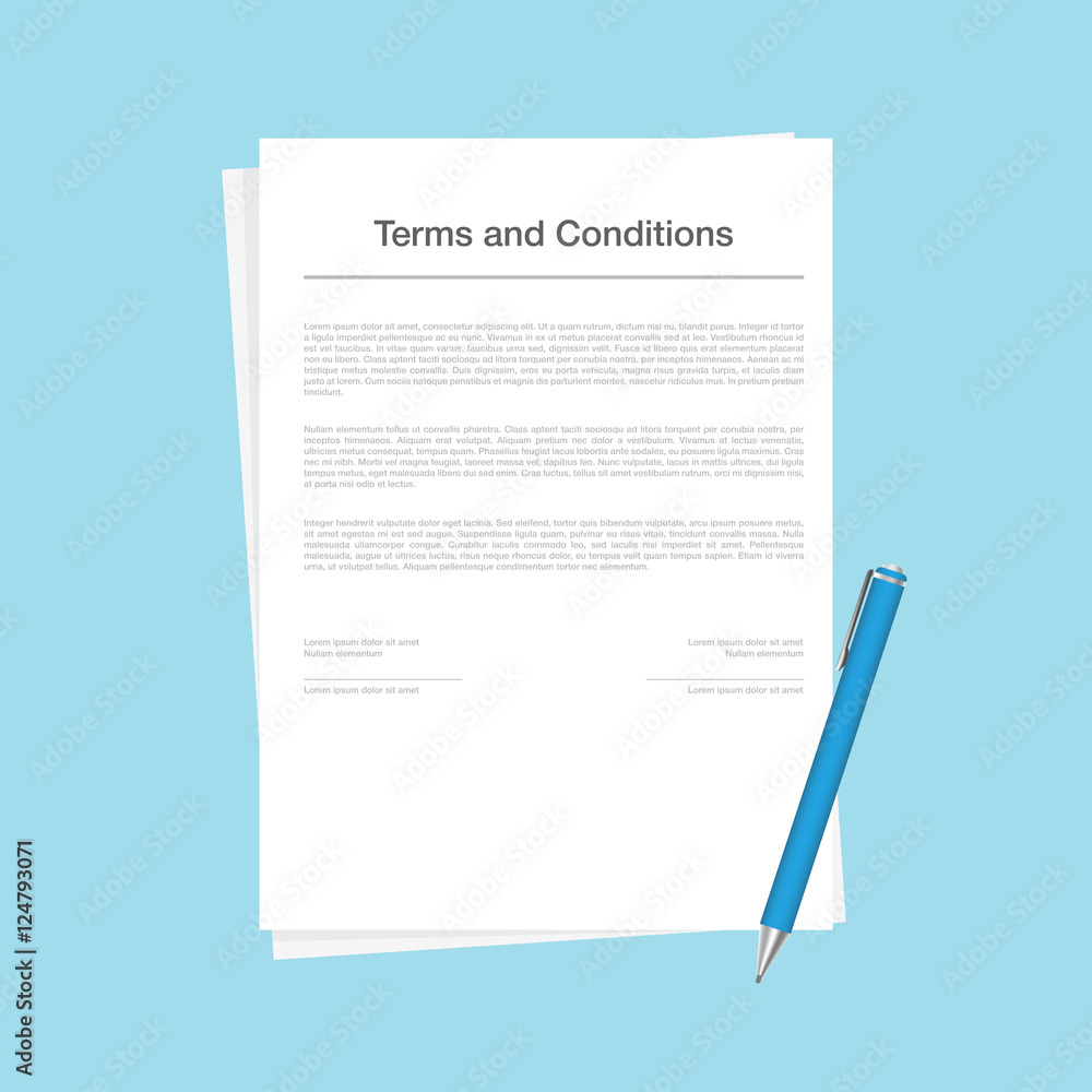 Poster contract or terms and conditions document isolated on blue background. the corporate form with a pen