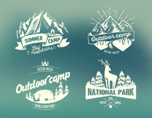 Set outdoor camp typography design label on on blurred backgroun
