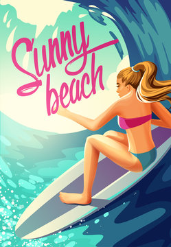 Vector poster sunny beach surfing girl