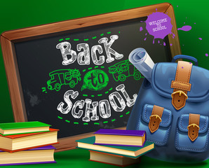 School board with backpack and books. Vector illustration welcom