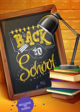 School board with lamp and books. Vector illustration back to sc