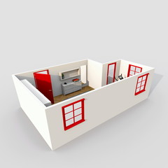 3d interior rendering of furnished room with red window fixtures