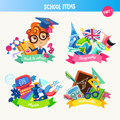 Design set with school items: geography, physics, mathematics