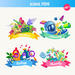 Design set with school items: literatures, astronomy, biology, c