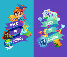 School background. Colorful banners with an inscription back to