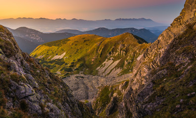 Mountain Landscape in Colourful Sunset. View from Mount Dumbier in Low Tatras, Slovakia. West and High Tatras Mountains in Background.