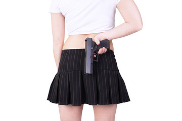 Sexy killer holding gun, isolated on white background.