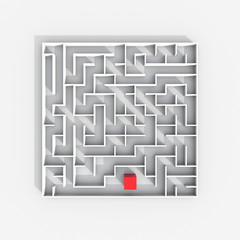 3d illustration rendering of labyrinth with red cube inside