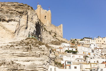 Fototapeta premium a view over Alcalá del Júcar town and it's castle, Albacete, Spain