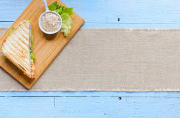 Top view of Healthy Sandwich toast on a wooden background