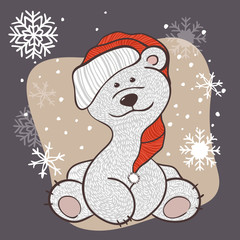 Merry Christmas postcard with polar white bear wearing santa hat, vector illustration