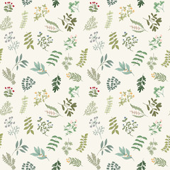 Seamless pattern of flowers, herbs and leaves